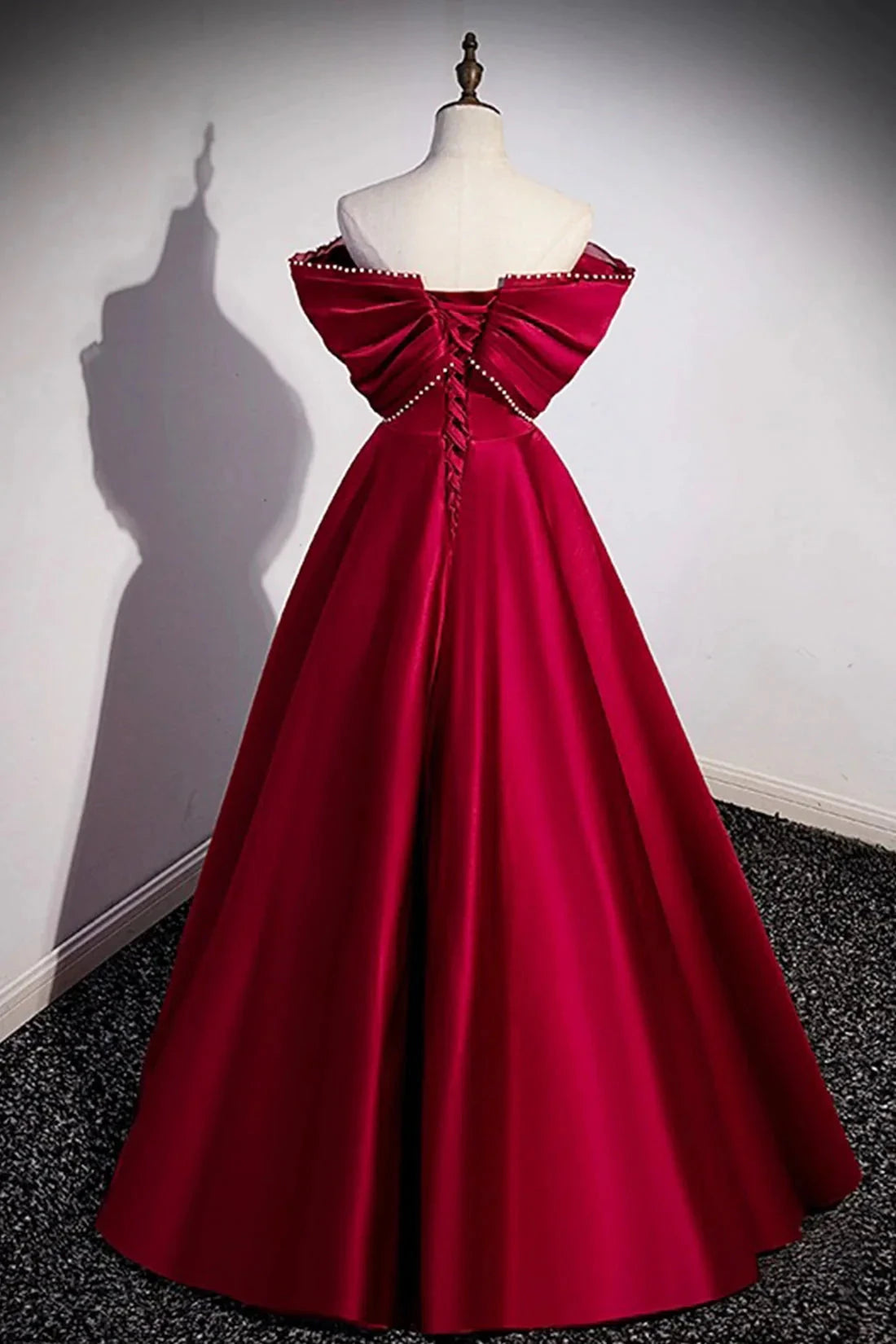 Burgundy Satin Floor Length Prom Dress A-Line Off the Shoulder Evening Party Dress simple gentle atmospheric and unique desi Bring summer by YiHuiw