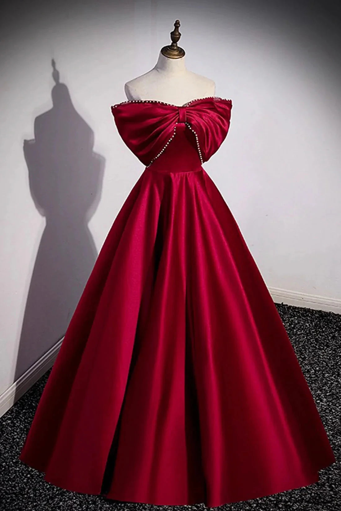 Burgundy Satin Floor Length Prom Dress A-Line Off the Shoulder Evening Party Dress simple gentle atmospheric and unique desi Bring summer by YiHuiw