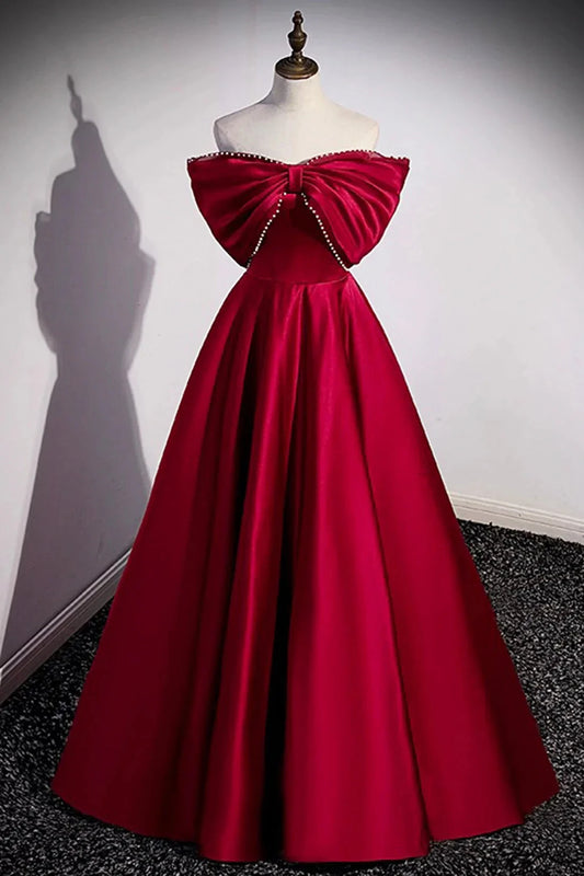 Burgundy Satin Floor Length Prom Dress A-Line Off the Shoulder Evening Party Dress simple gentle atmospheric and unique desi Bring summer by YiHuiw