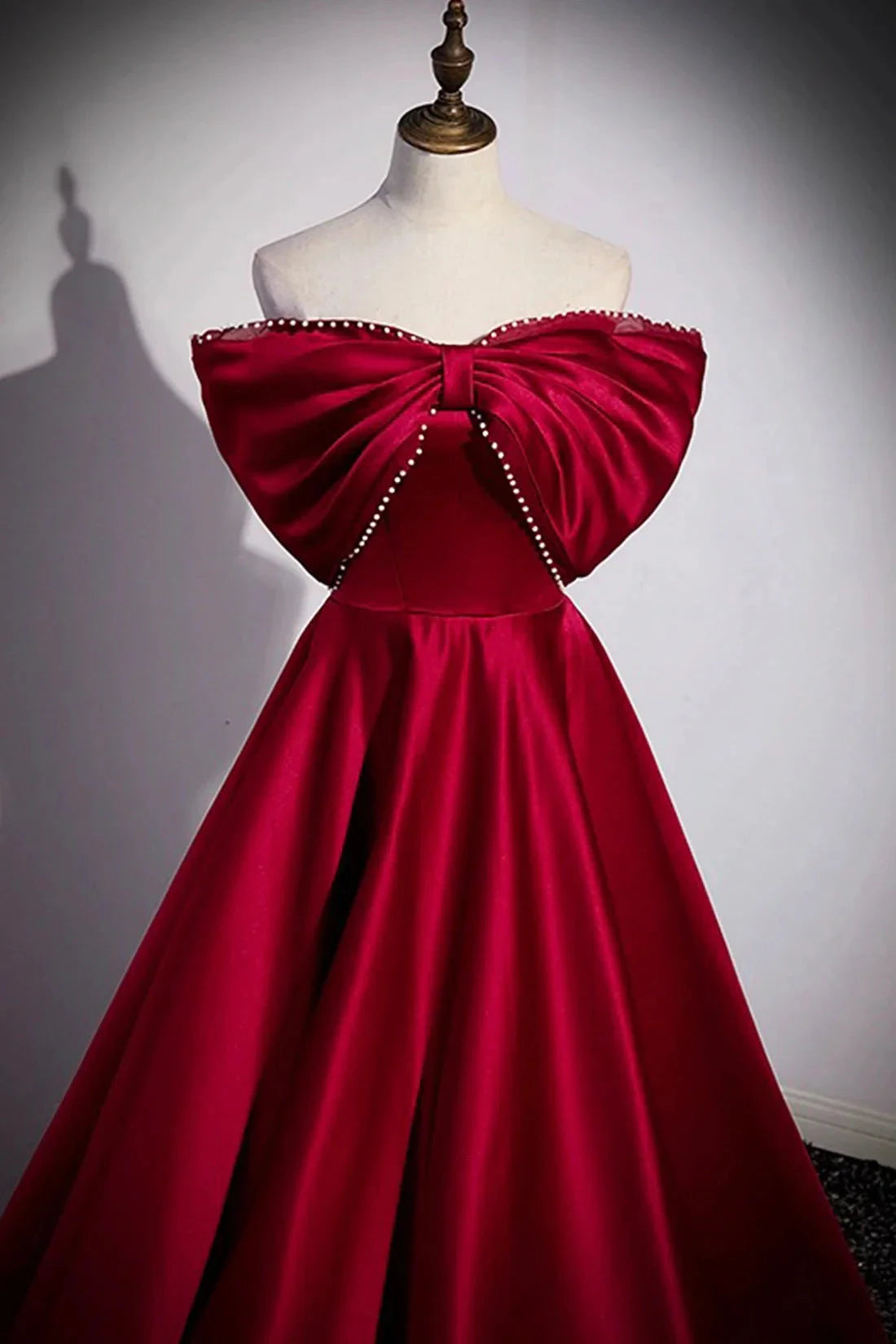 Burgundy Satin Floor Length Prom Dress A-Line Off the Shoulder Evening Party Dress simple gentle atmospheric and unique desi Bring summer by YiHuiw