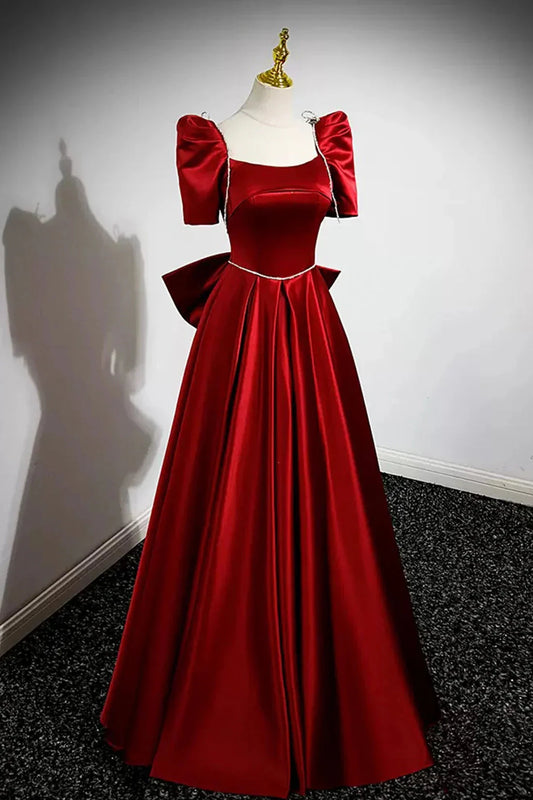 Burgundy Satin Long Prom Dress A-Line Evening Dress with Bow simple gentle atmospheric and unique desi Bring summer colors to enhance white by YiHuiw