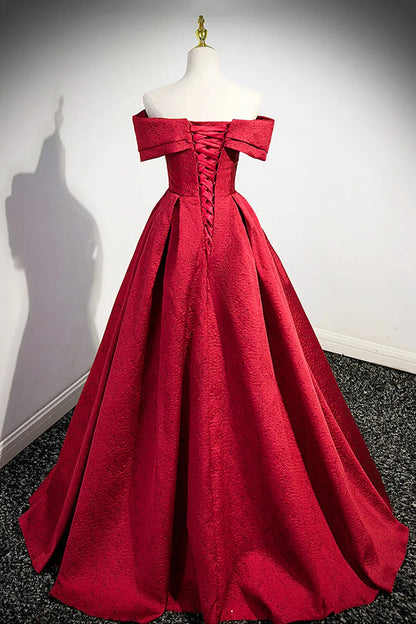 Burgundy Satin Long Prom Dress Off Shoulder Evening Party Dress simple gentle atmospheric and unique desi Bring summer colors to enhance white by YiHuiw