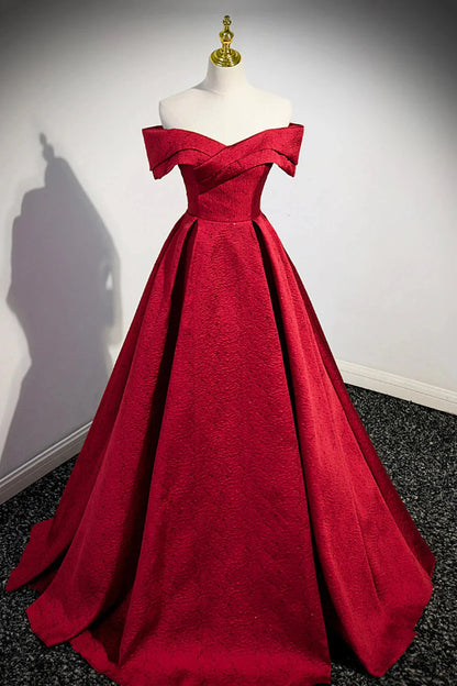 Burgundy Satin Long Prom Dress Off Shoulder Evening Party Dress simple gentle atmospheric and unique desi Bring summer colors to enhance white by YiHuiw