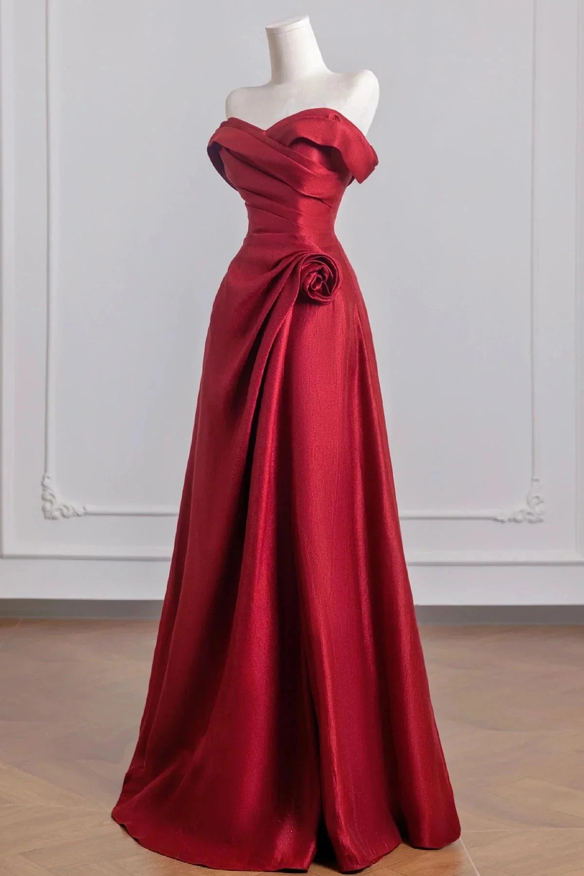 Burgundy Satin Long Prom Dress Off the Shoulder A-Line Party Dress simple gentle atmospheric and unique desi Brin by YiHuiw