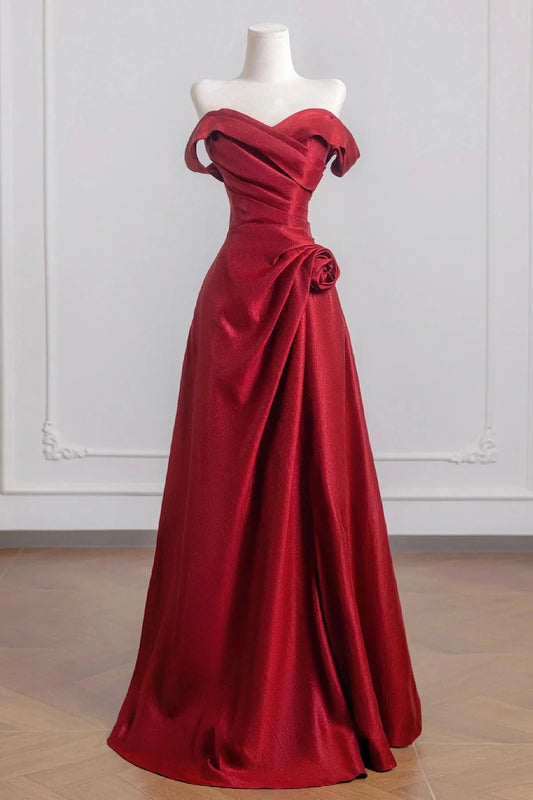 Burgundy Satin Long Prom Dress Off the Shoulder A-Line Party Dress simple gentle atmospheric and unique desi Brin by YiHuiw