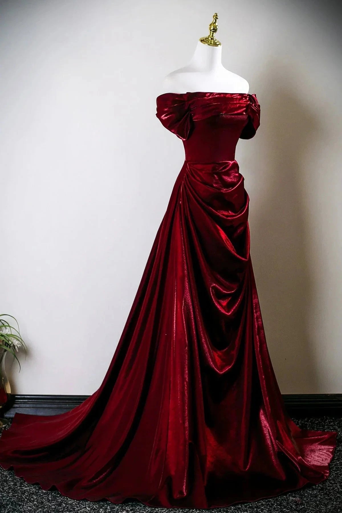 Burgundy Satin Long Prom Dress Off the Shoulder Evening Party Dress simple gentle atmospheric and unique desi Brin by YiHuiw