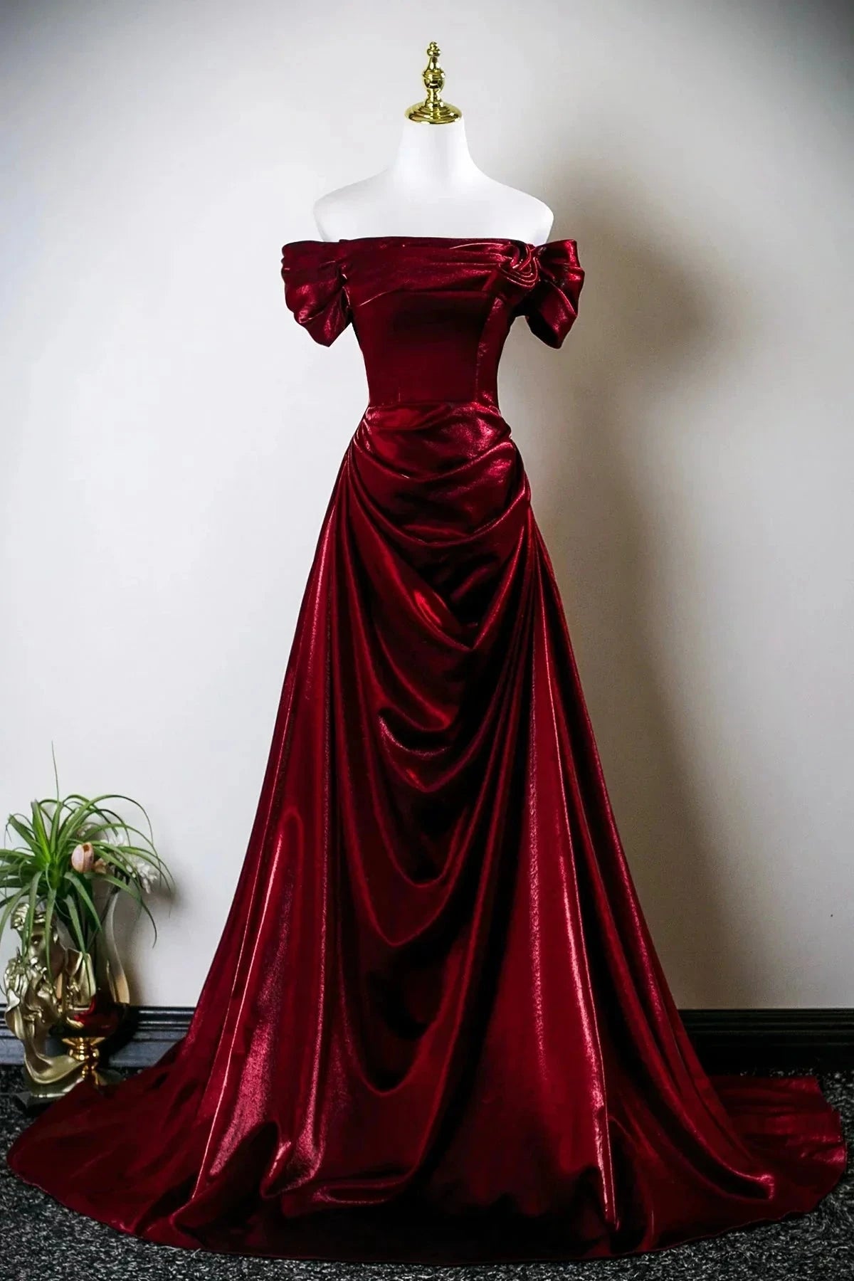 Burgundy Satin Long Prom Dress Off the Shoulder Evening Party Dress simple gentle atmospheric and unique desi Brin by YiHuiw