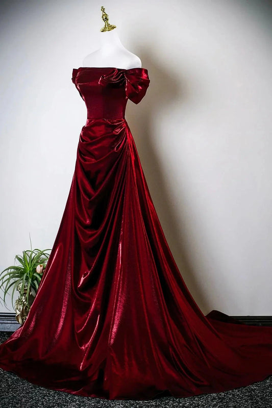 Burgundy Satin Long Prom Dress Off the Shoulder Evening Party Dress simple gentle atmospheric and unique desi Brin by YiHuiw