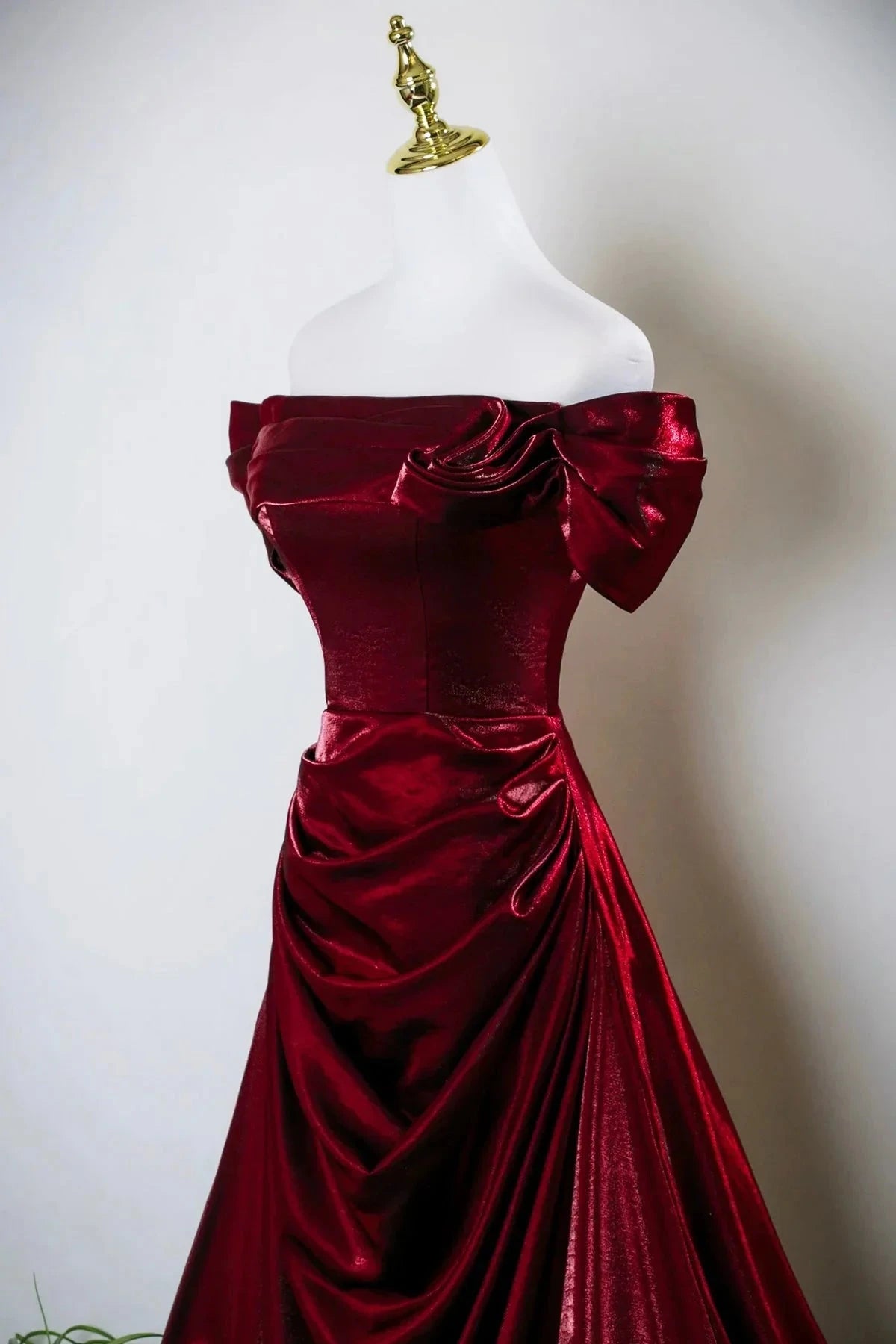 Burgundy Satin Long Prom Dress Off the Shoulder Evening Party Dress simple gentle atmospheric and unique desi Brin by YiHuiw
