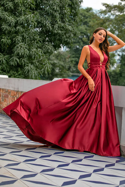 Burgundy Satin Prom Dress with Deep V-Neck and A-Line Silhouette – Elegant Backless Formal Evening Gown
