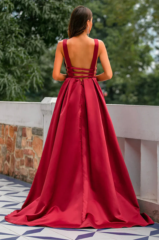 Burgundy Satin Prom Dress with Deep V-Neck and A-Line Silhouette – Elegant Backless Formal Evening Gown