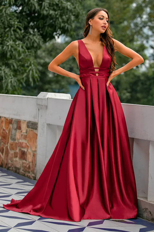 Burgundy Satin Prom Dress with Deep V-Neck and A-Line Silhouette – Elegant Backless Formal Evening Gown