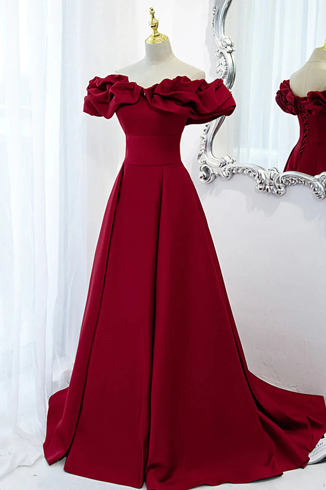 Burgundy Satin Long Prom Dress, A-Line Off Shoulder Evening Party Dress simple gentle atmospheric and unique desi Bring summer colors to enhance white by YiHuiw