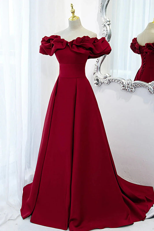 Burgundy Satin Long Prom Dress, A-Line Off Shoulder Evening Party Dress simple gentle atmospheric and unique desi Bring summer colors to enhance white by YiHuiw