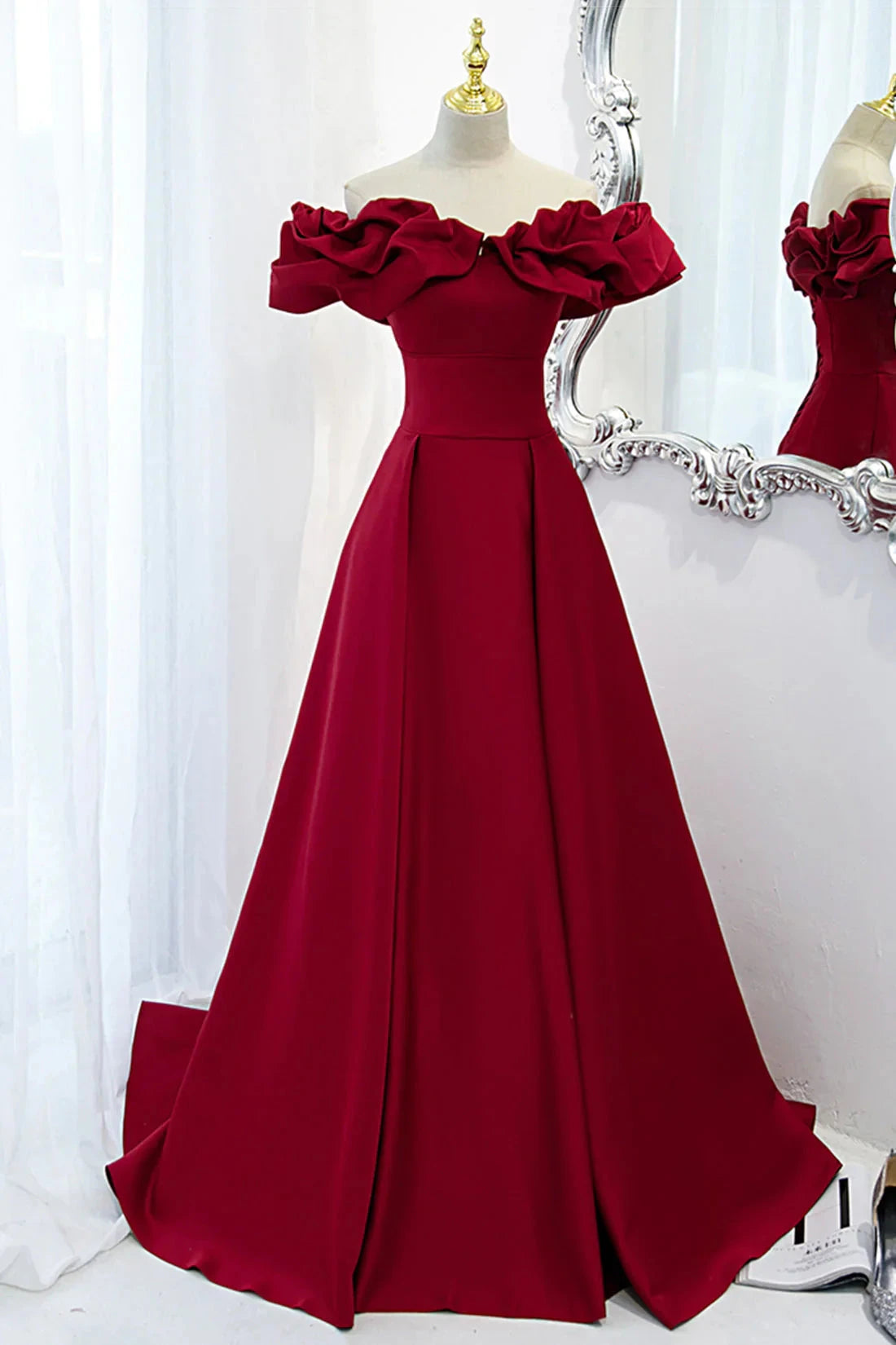 Burgundy Satin Long Prom Dress, A-Line Off Shoulder Evening Party Dress simple gentle atmospheric and unique desi Bring summer colors to enhance white by YiHuiw