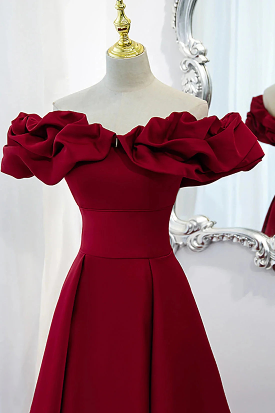 Burgundy Satin Long Prom Dress, A-Line Off Shoulder Evening Party Dress simple gentle atmospheric and unique desi Bring summer colors to enhance white by YiHuiw