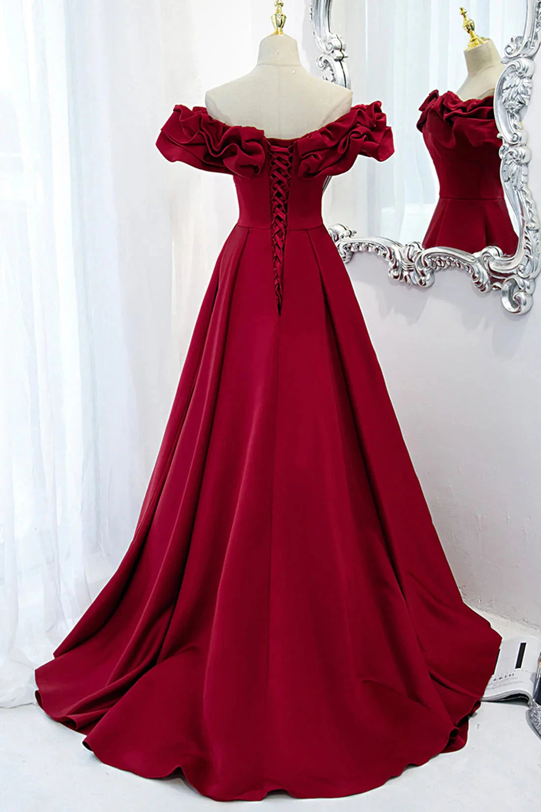 Burgundy Satin Long Prom Dress, A-Line Off Shoulder Evening Party Dress simple gentle atmospheric and unique desi Bring summer colors to enhance white by YiHuiw