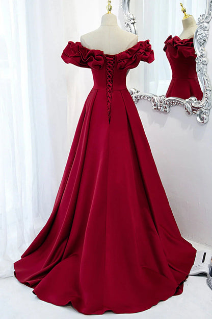 Burgundy Satin Long Prom Dress, A-Line Off Shoulder Evening Party Dress simple gentle atmospheric and unique desi Bring summer colors to enhance white by YiHuiw