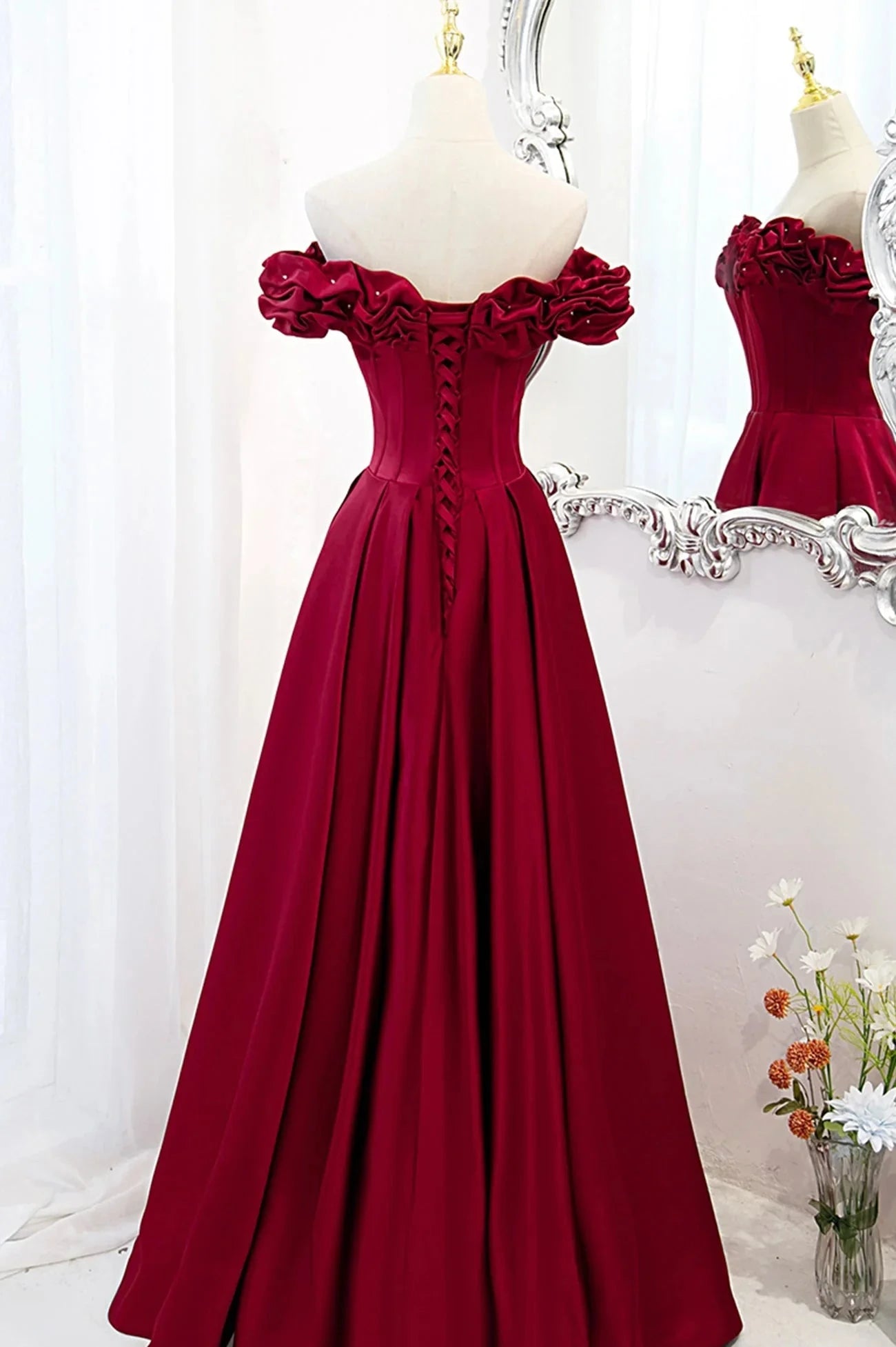 Burgundy Satin Off the Shoulder Beaded Long Formal Dress Burgundy A-Line Prom Dress simple gentle atmospheric and unique desi Bring summer colors to enhance whitenes by YiHuiw