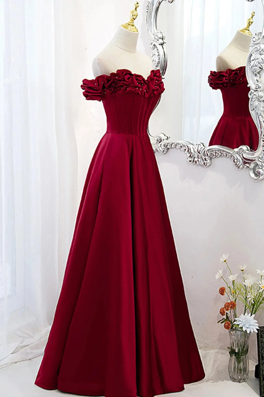 Burgundy Satin Off the Shoulder Beaded Long Formal Dress Burgundy A-Line Prom Dress simple gentle atmospheric and unique desi Bring summer colors to enhance whitenes by YiHuiw