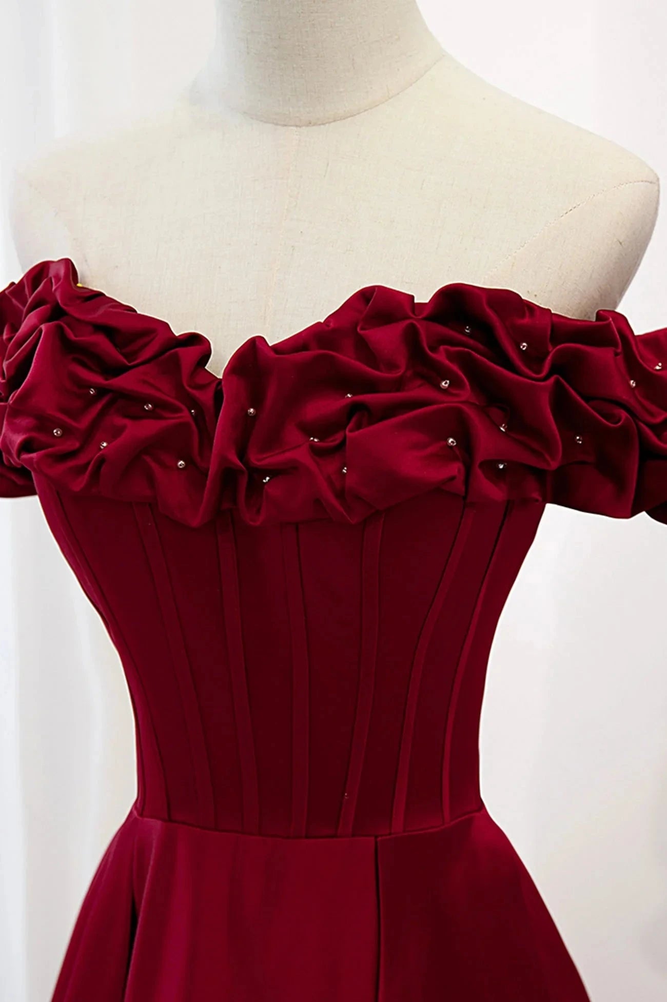 Burgundy Satin Off the Shoulder Beaded Long Formal Dress Burgundy A-Line Prom Dress simple gentle atmospheric and unique desi Bring summer colors to enhance whitenes by YiHuiw