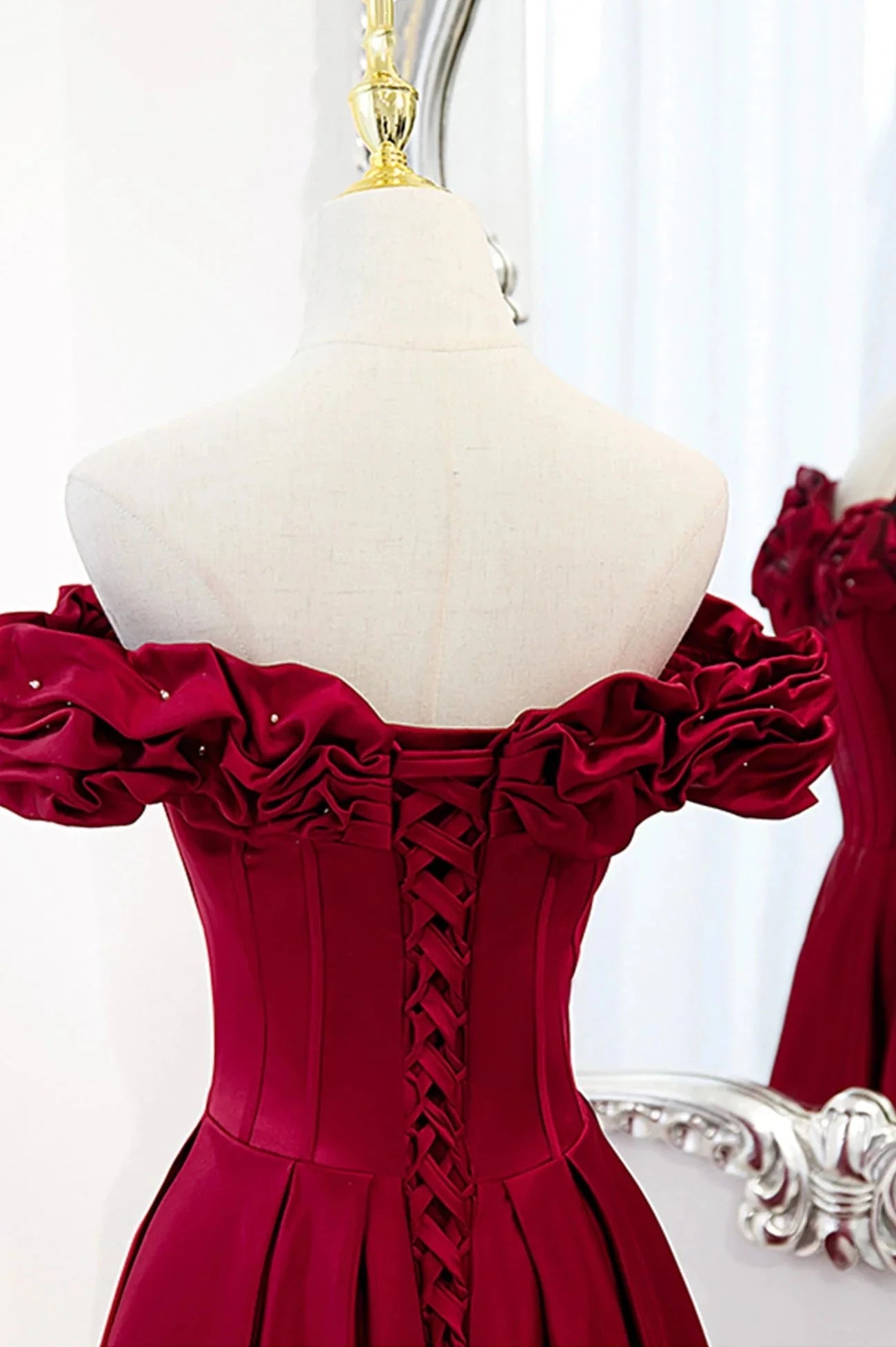 Burgundy Satin Off the Shoulder Beaded Long Formal Dress Burgundy A-Line Prom Dress simple gentle atmospheric and unique desi Bring summer colors to enhance whitenes by YiHuiw