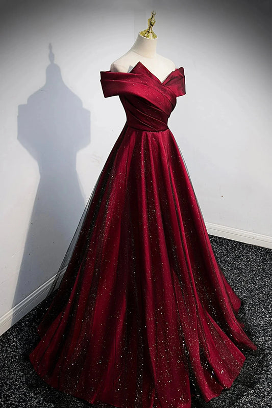 Burgundy Satin Off the Shoulder Prom Dress A-Line Evening Graduation Dress simple gentle atmospheric and unique desi Bring summer colors to enhance whitenes by YiHuiw