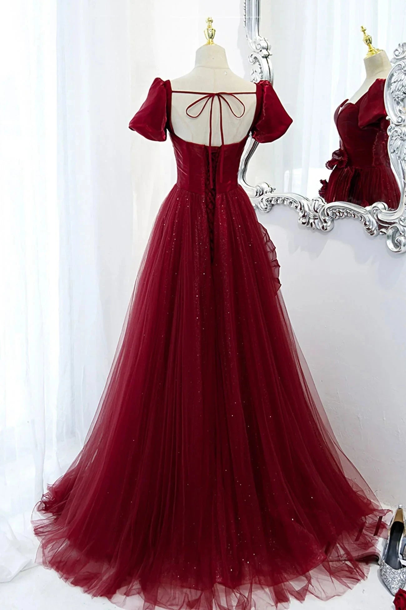 Burgundy Satin Tulle Long Prom Dress A-Line Short Sleeve Evening Party Dress simple gentle atmospheric and unique desi Bring summer colors to enhance whitenes by YiHuiw
