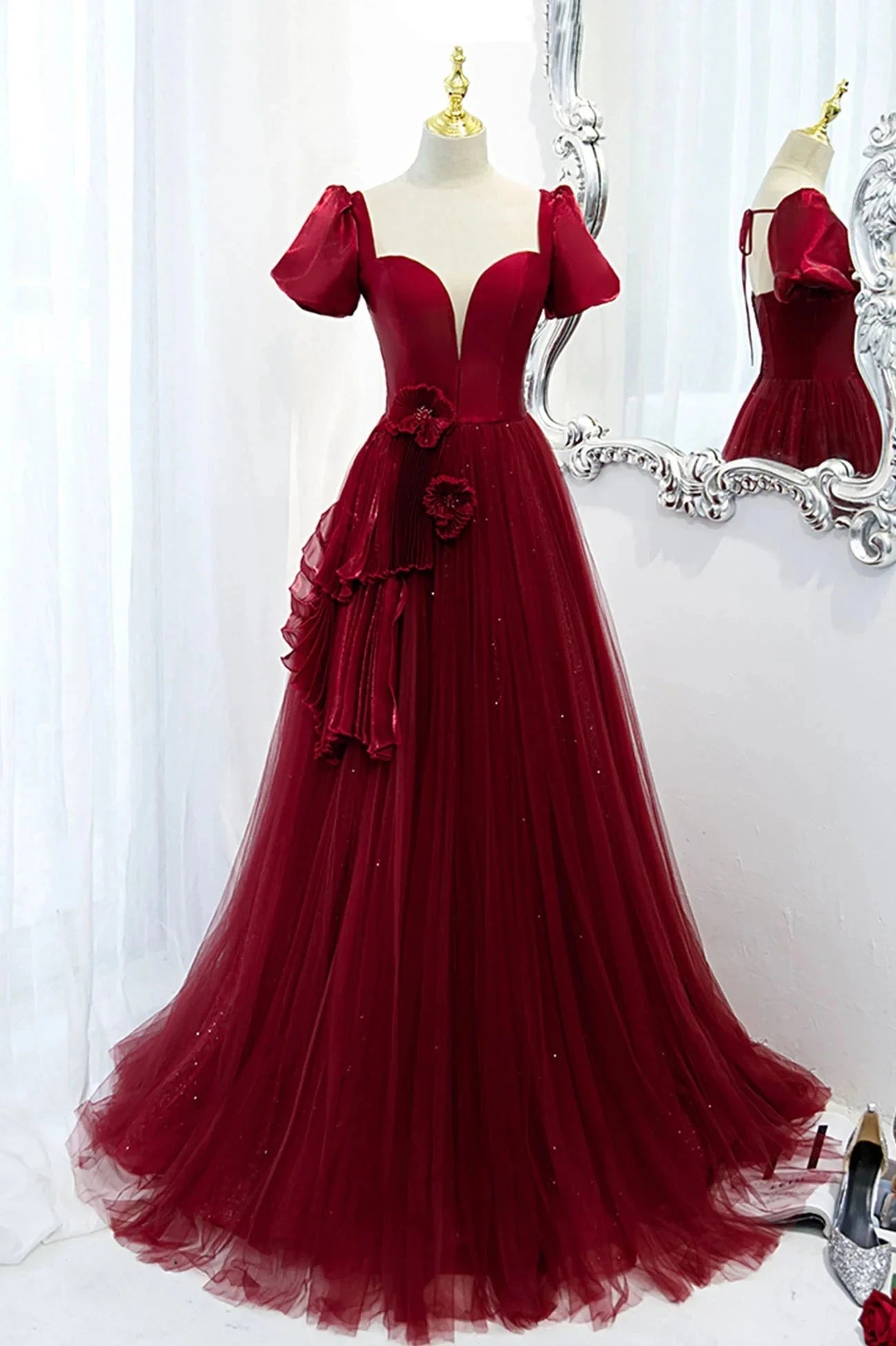 Burgundy Satin Tulle Long Prom Dress A-Line Short Sleeve Evening Party Dress simple gentle atmospheric and unique desi Bring summer colors to enhance whitenes by YiHuiw