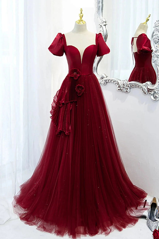 Burgundy Satin Tulle Long Prom Dress A-Line Short Sleeve Evening Party Dress simple gentle atmospheric and unique desi Bring summer colors to enhance whitenes by YiHuiw