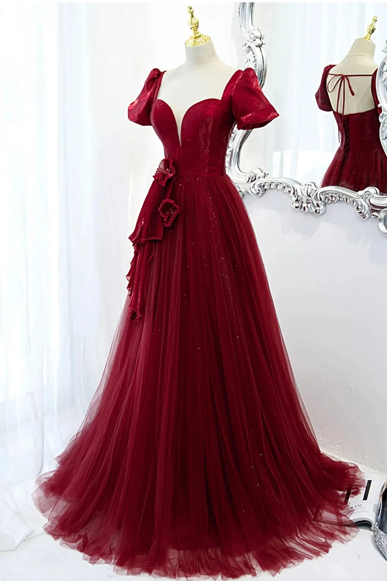 Burgundy Satin Tulle Long Prom Dress A-Line Short Sleeve Evening Party Dress simple gentle atmospheric and unique desi Bring summer colors to enhance whitenes by YiHuiw