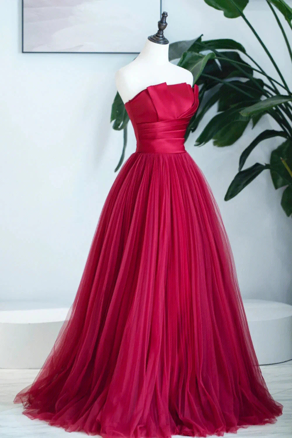 Burgundy Satin Tulle Long Prom Dress A-Line Strapless Evening Dress simple gentle atmospheric and unique desi Bring summer colors to enhance white by YiHuiw