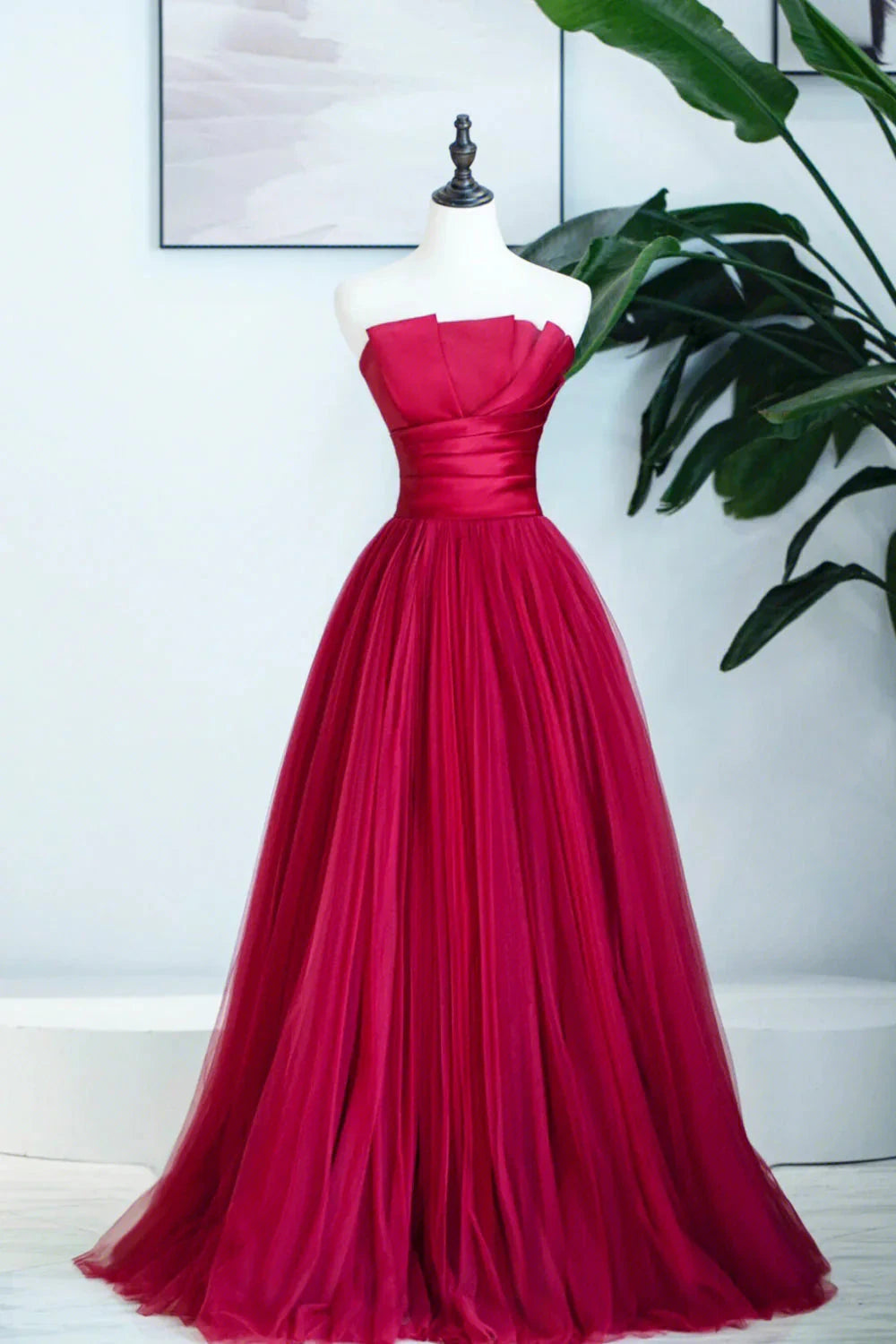 Burgundy Satin Tulle Long Prom Dress A-Line Strapless Evening Dress simple gentle atmospheric and unique desi Bring summer colors to enhance white by YiHuiw