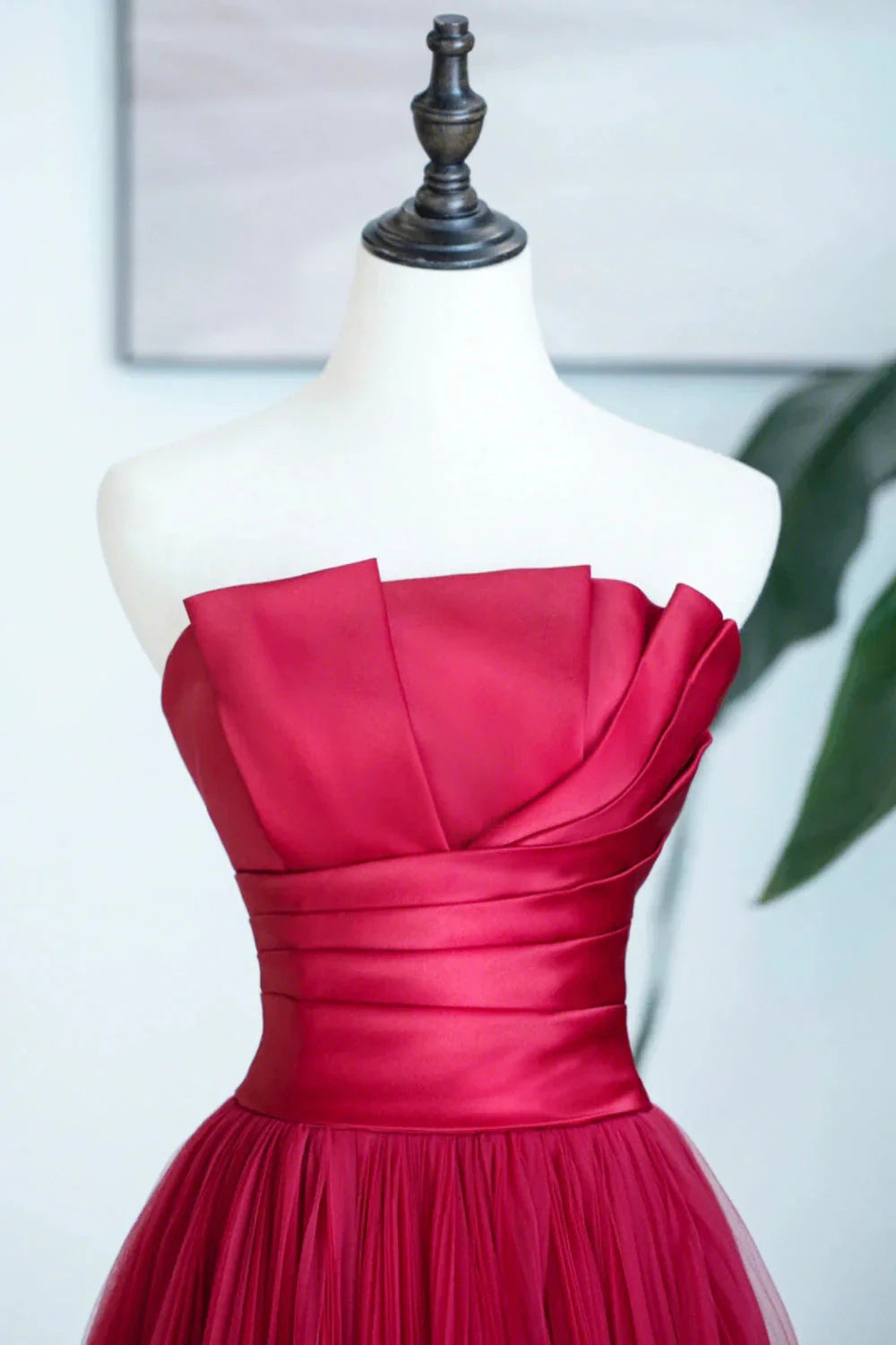 Burgundy Satin Tulle Long Prom Dress A-Line Strapless Evening Dress simple gentle atmospheric and unique desi Bring summer colors to enhance white by YiHuiw