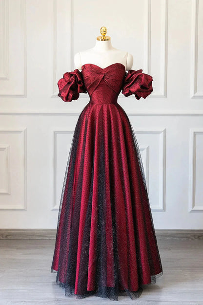 Burgundy Satin Tulle Long Prom Dress Off Shoulder Evening Party Dress simple gentle atmospheric and unique desi Bring summer colors to enhance white by YiHuiw