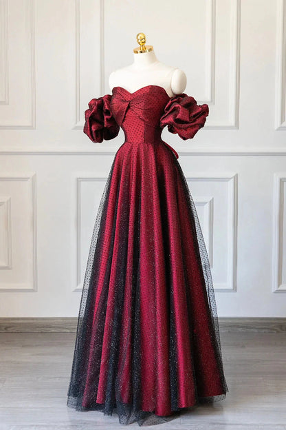Burgundy Satin Tulle Long Prom Dress Off Shoulder Evening Party Dress simple gentle atmospheric and unique desi Bring summer colors to enhance white by YiHuiw