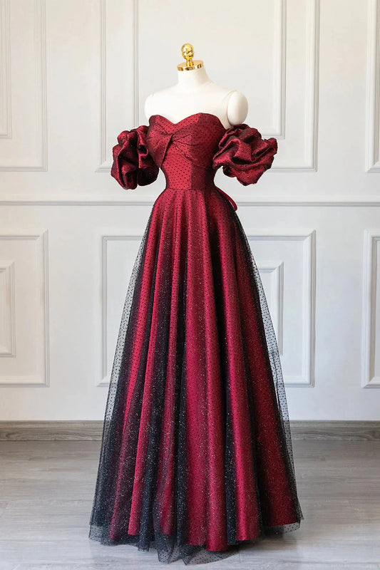 Burgundy Satin Tulle Long Prom Dress Off Shoulder Evening Party Dress simple gentle atmospheric and unique desi Bring summer colors to enhance white by YiHuiw