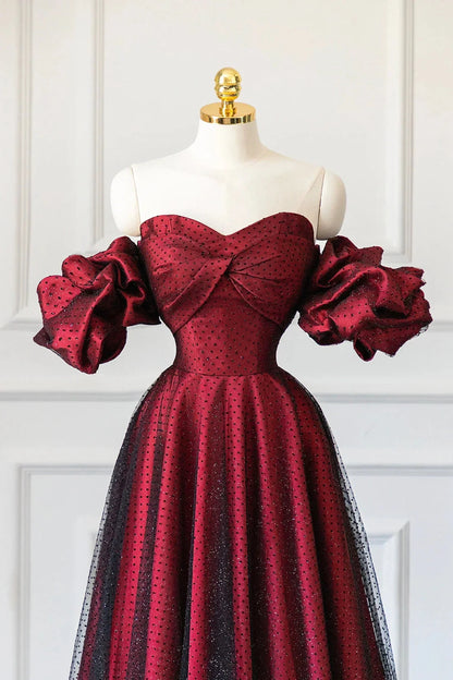 Burgundy Satin Tulle Long Prom Dress Off Shoulder Evening Party Dress simple gentle atmospheric and unique desi Bring summer colors to enhance white by YiHuiw