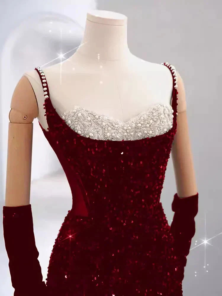 Burgundy Shiny Elegant Long Sequined Ball Gown Evening Dress Party Dress simple gentle atmospheric and unique desi Bring summer colors to enhance whiteness by YiHuiw