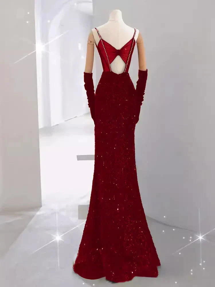 Burgundy Shiny Elegant Long Sequined Ball Gown Evening Dress Party Dress simple gentle atmospheric and unique desi Bring summer colors to enhance whiteness by YiHuiw