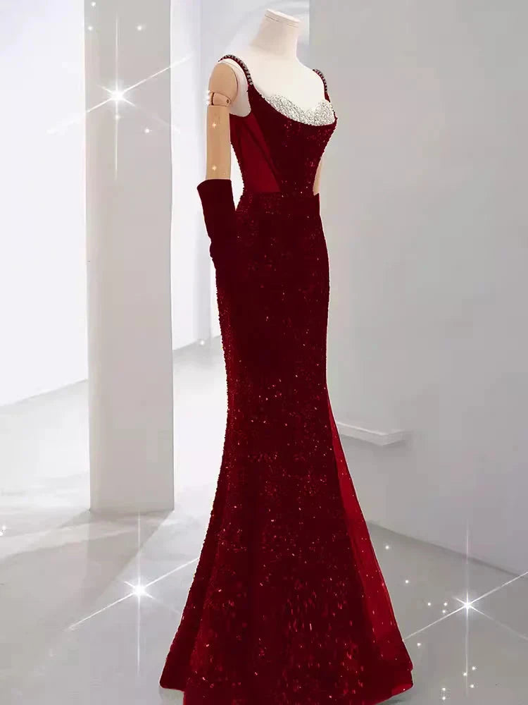Burgundy Shiny Elegant Long Sequined Ball Gown Evening Dress Party Dress simple gentle atmospheric and unique desi Bring summer colors to enhance whiteness by YiHuiw