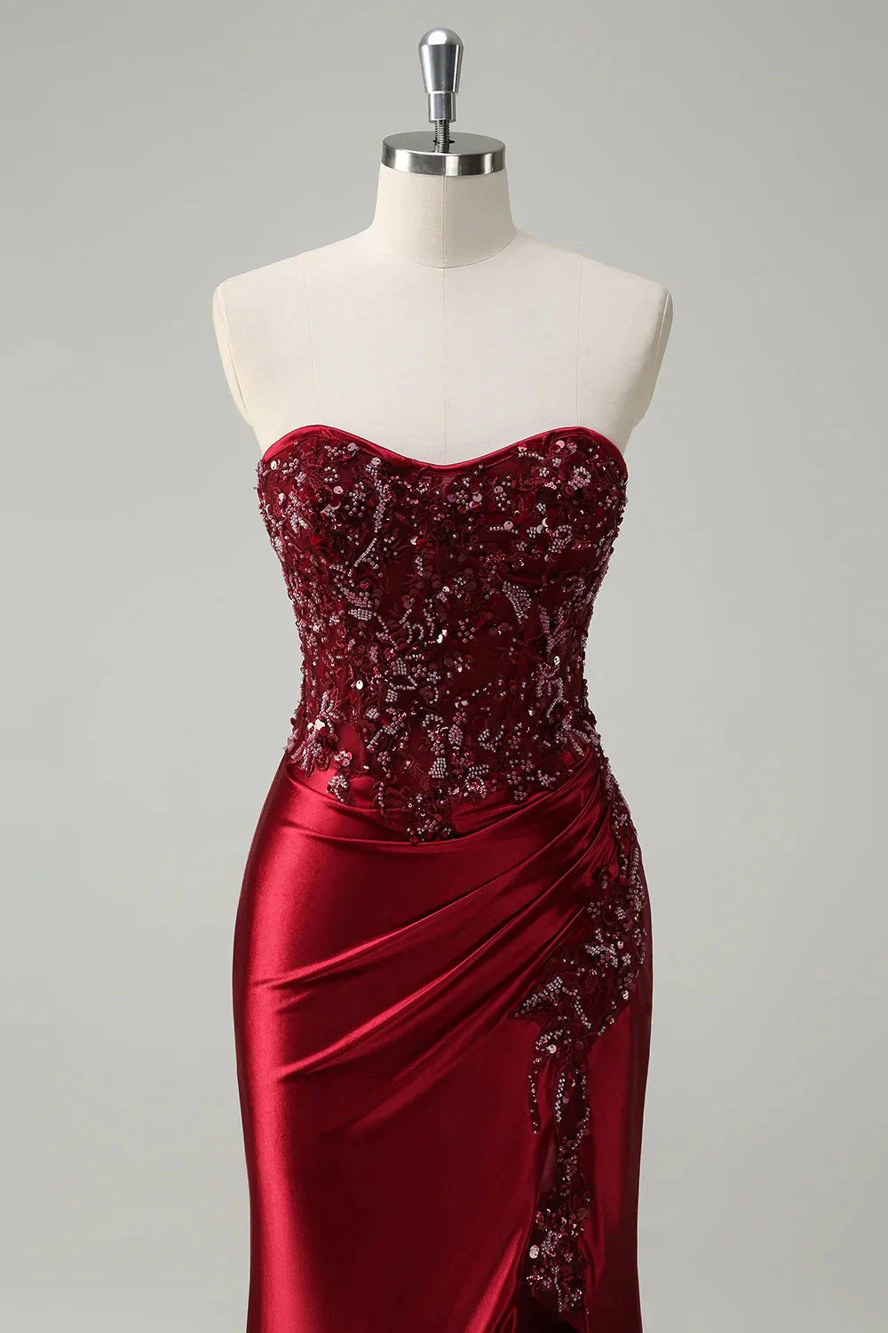 Burgundy Strapless Embellished Mermaid Evening Gown with Train Mermaid Sequin Long Prom Dress with Beading Evening Dress by YiHuiw