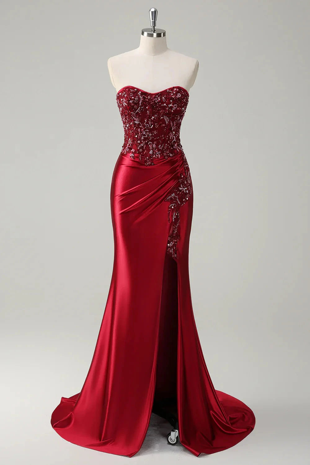 Burgundy Strapless Embellished Mermaid Evening Gown with Train Mermaid Sequin Long Prom Dress with Beading Evening Dress by YiHuiw