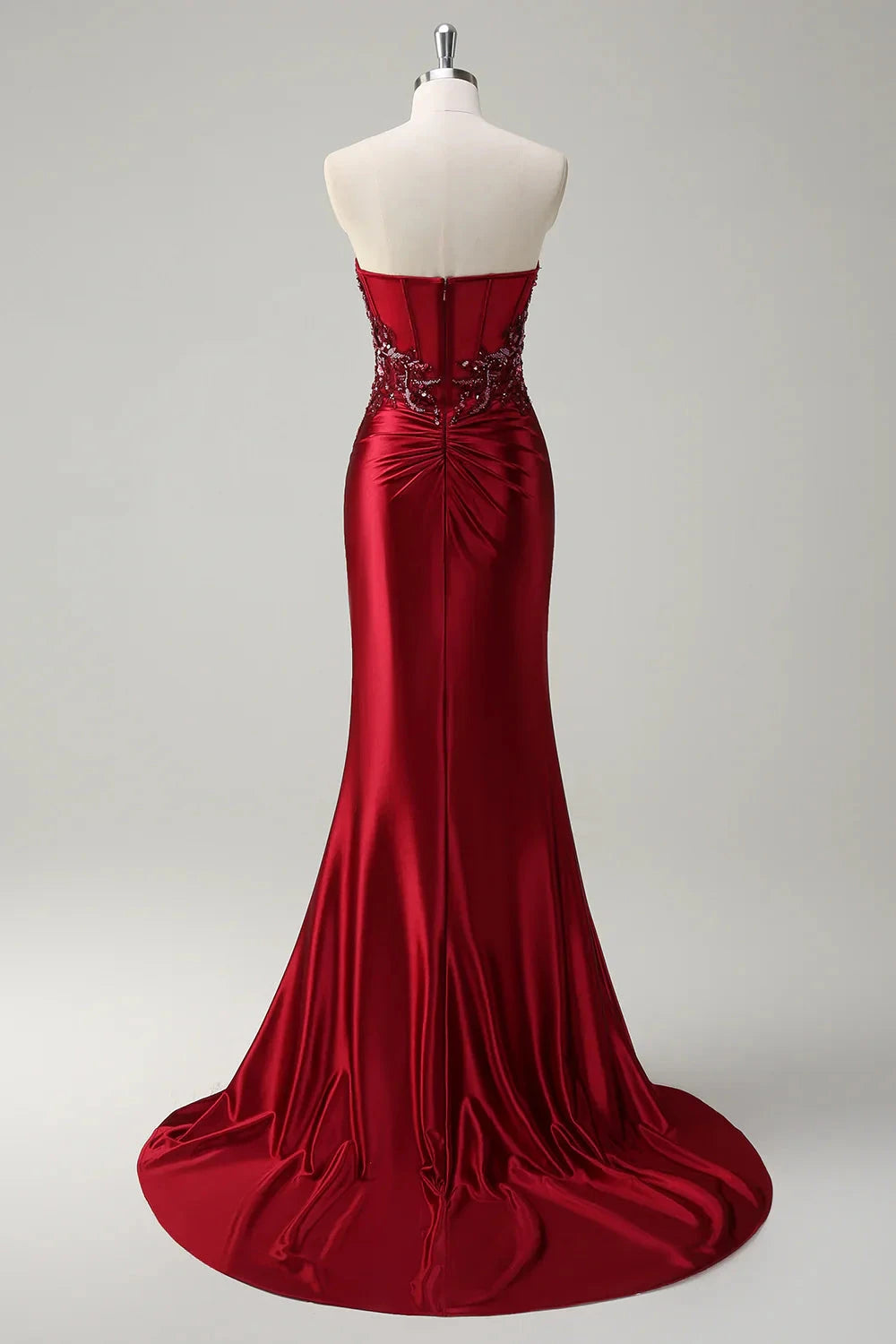 Burgundy Strapless Embellished Mermaid Evening Gown with Train Mermaid Sequin Long Prom Dress with Beading Evening Dress by YiHuiw