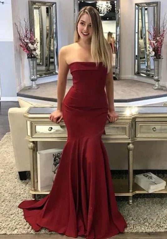Burgundy Strapless Mermaid Evening Gown with Train Strapless Burgundy Mermaid Prom Dress,Sexy Sheath Evening Dress Party Dresses by YiHuiw