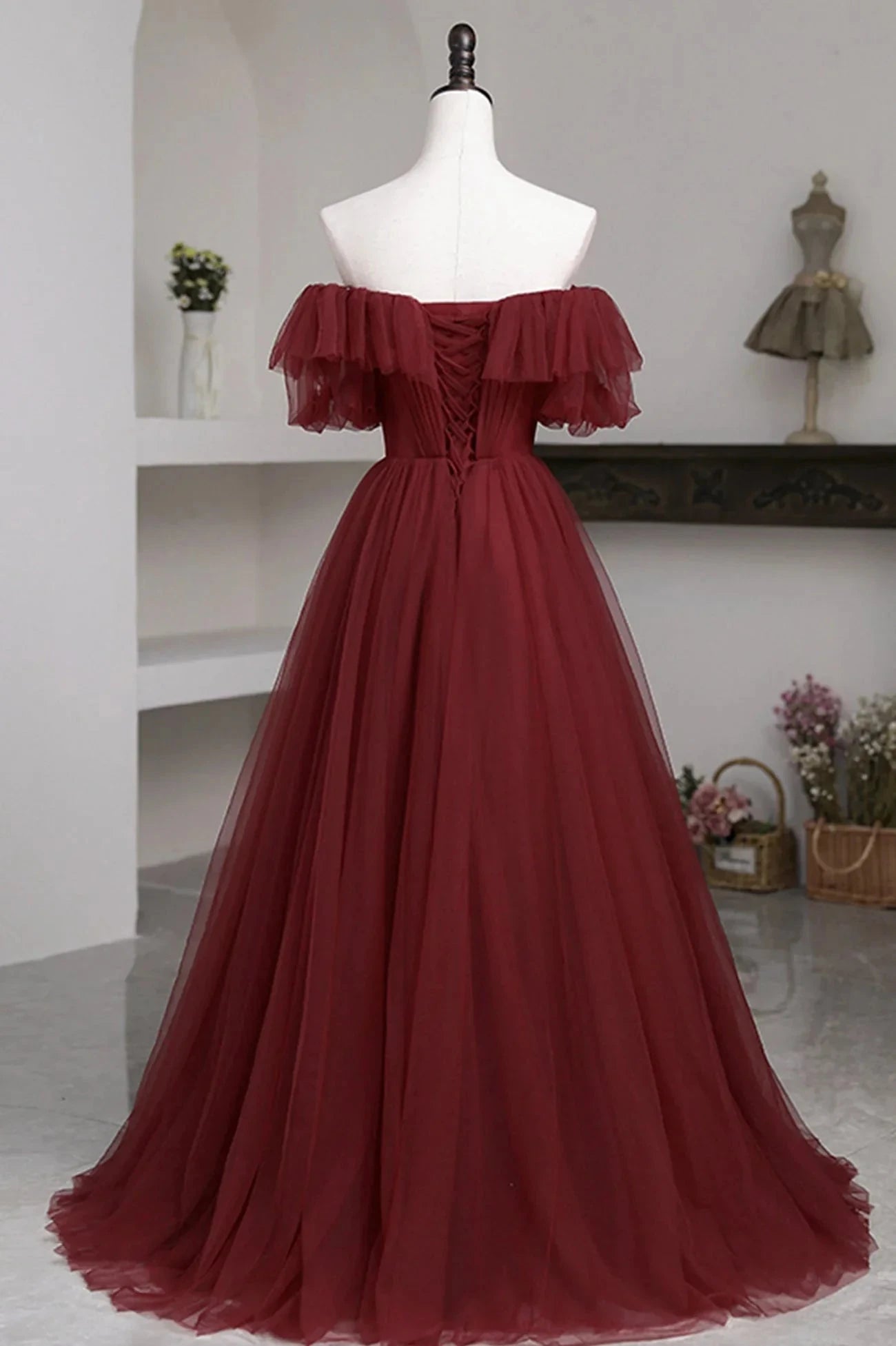 Burgundy Tulle Off the Shoulder Prom Dress Long A-Line Evening Dress simple gentle atmospheric and unique desi Bring summer colors to enhance whitenes by YiHuiw