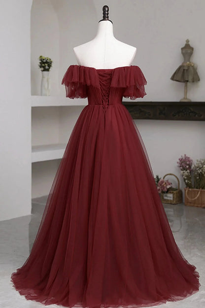 Burgundy Tulle Off the Shoulder Prom Dress Long A-Line Evening Dress simple gentle atmospheric and unique desi Bring summer colors to enhance whitenes by YiHuiw