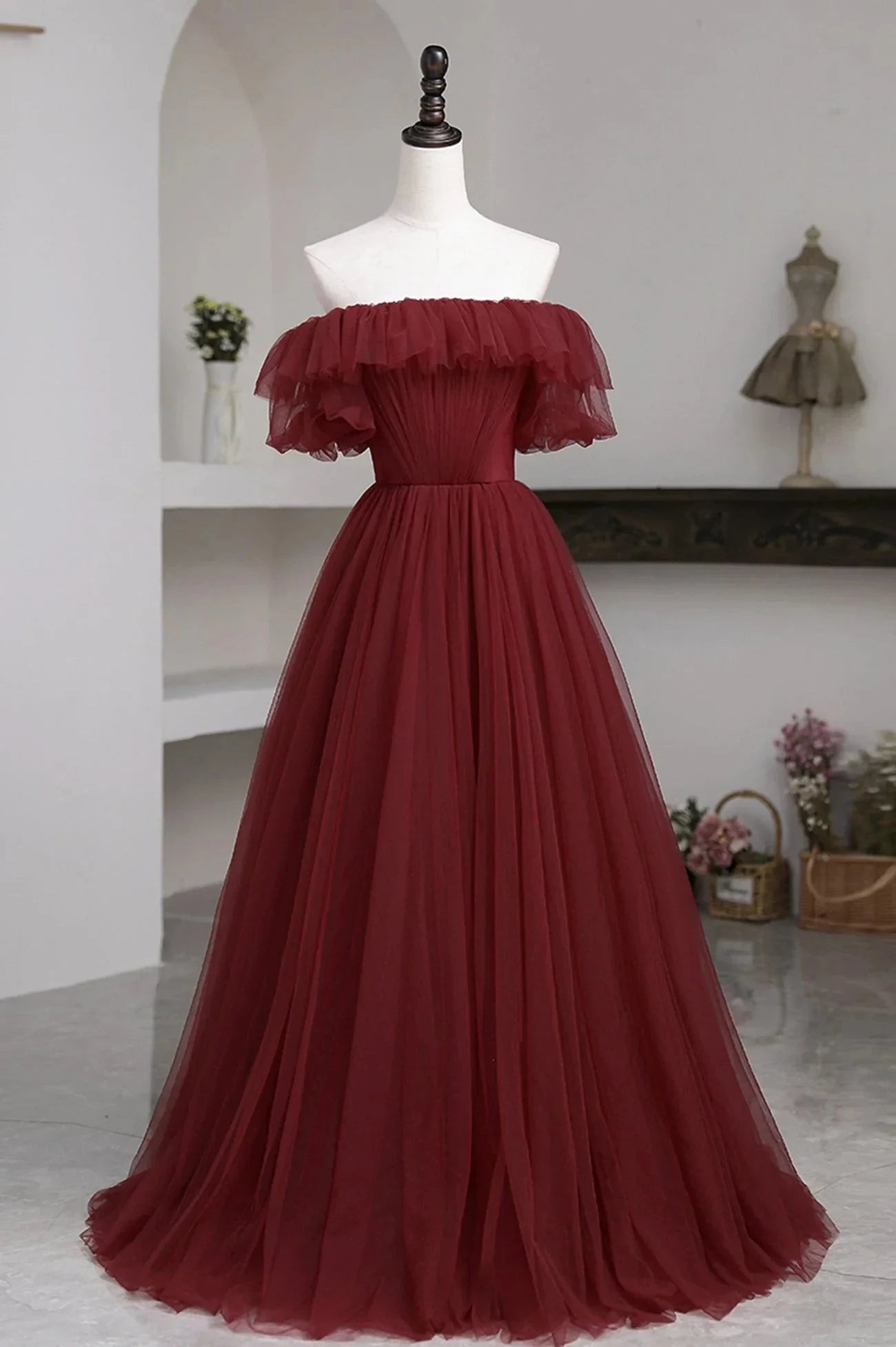 Burgundy Tulle Off the Shoulder Prom Dress Long A-Line Evening Dress simple gentle atmospheric and unique desi Bring summer colors to enhance whitenes by YiHuiw