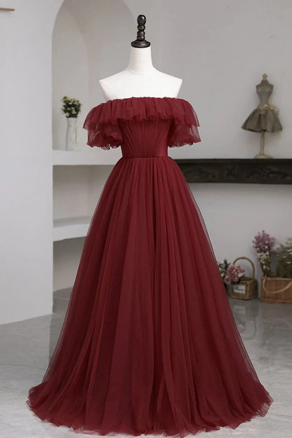 Burgundy Tulle Off the Shoulder Prom Dress Long A-Line Evening Dress simple gentle atmospheric and unique desi Bring summer colors to enhance whitenes by YiHuiw