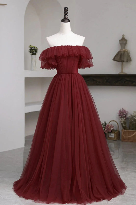 Burgundy Tulle Off the Shoulder Prom Dress Long A-Line Evening Dress simple gentle atmospheric and unique desi Bring summer colors to enhance whitenes by YiHuiw